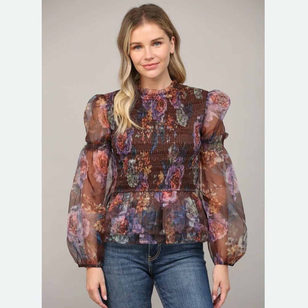 Floral‎ Smocked Peplum Top Exaggerated Sheer Sleeves SZ M Whimsigoth Fairycore